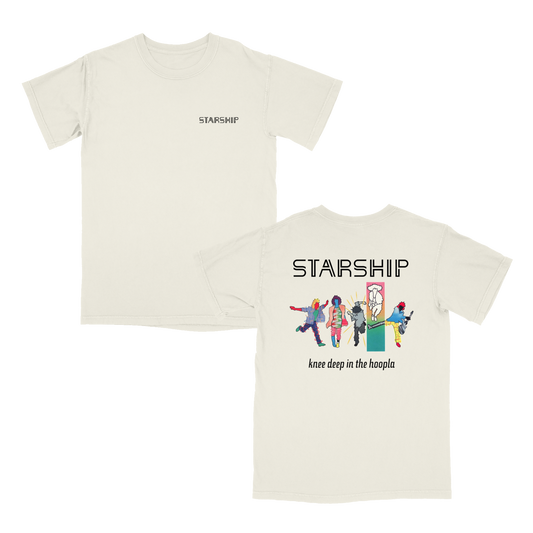 Knee Deep In The Hoopla Album graphic on the back with Starship logo on the front chest