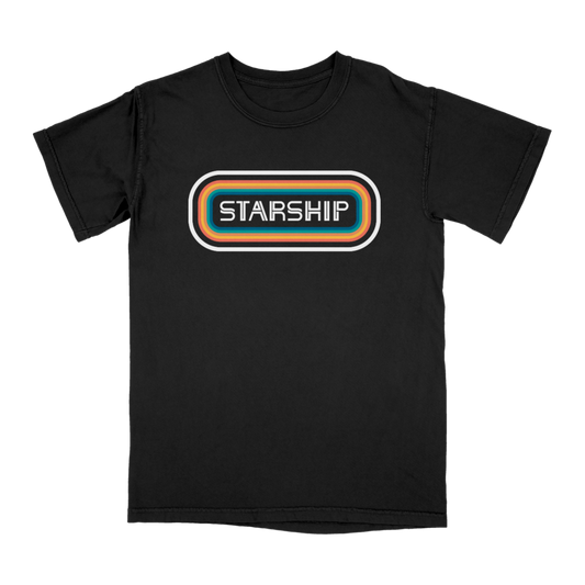 Black t-shirt with 'STARSHIP' printed in white on the front