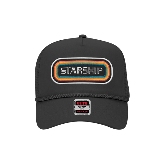 A black trucker hat with an embroidered patch that reads 'STARSHIP' on the front.