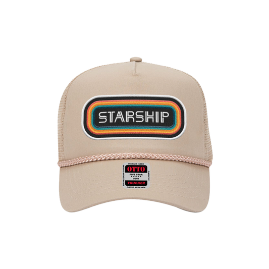 A black trucker hat with an embroidered patch that reads 'STARSHIP' on the front.
